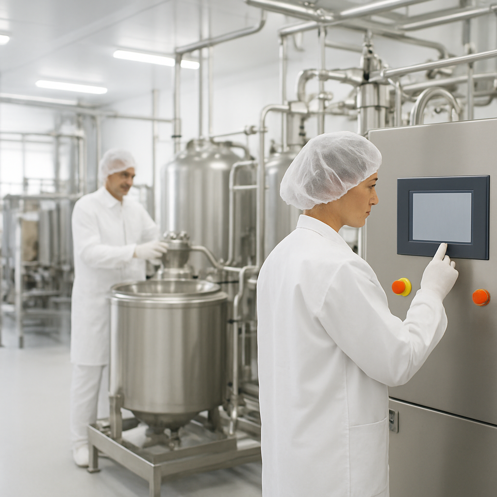 Clean modern food manufacturing facility with stainless steel equipment