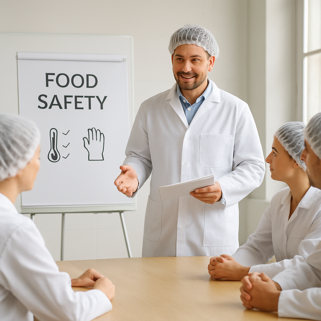 Food safety trainer leading a workshop with factory employees
